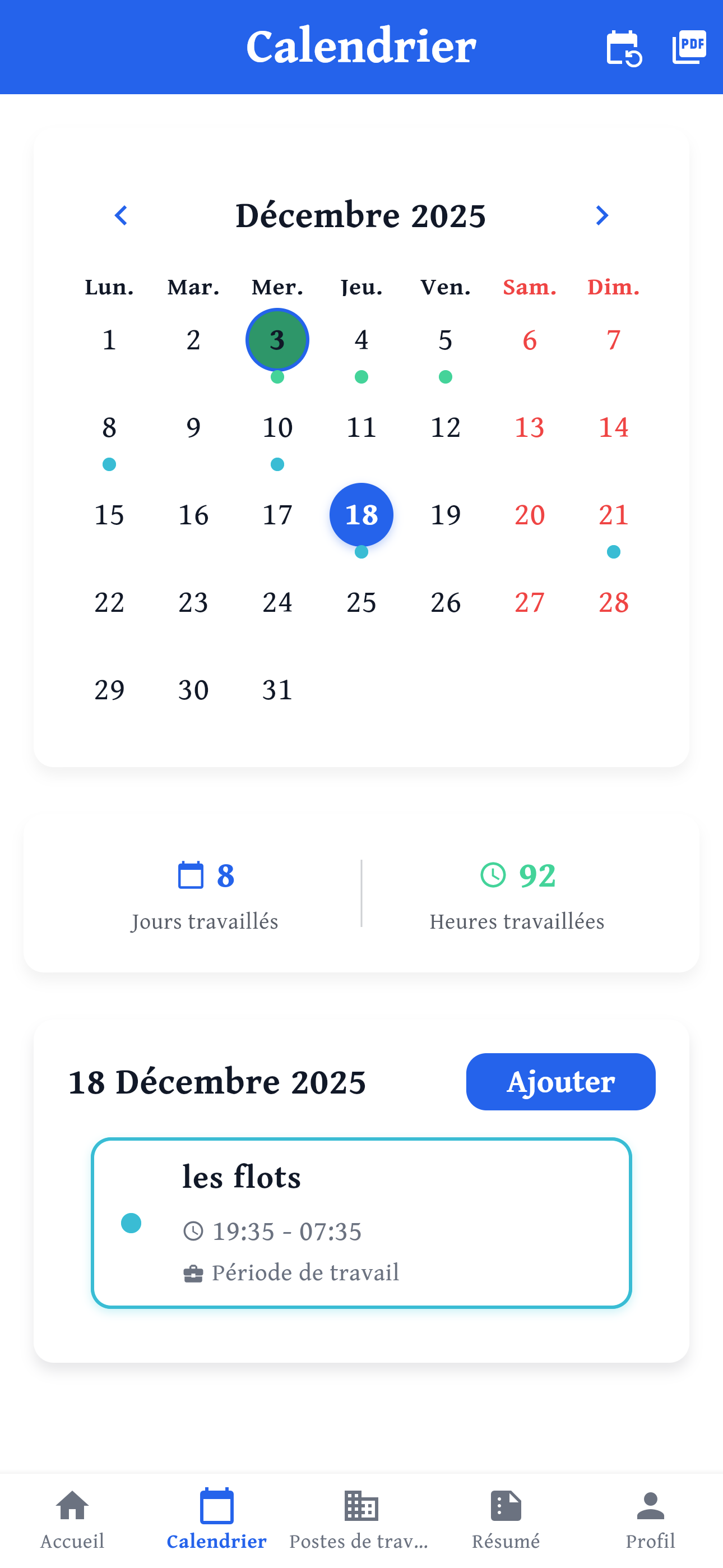 Vue calendrier hebdomadaire EasyPlanning sur mobile