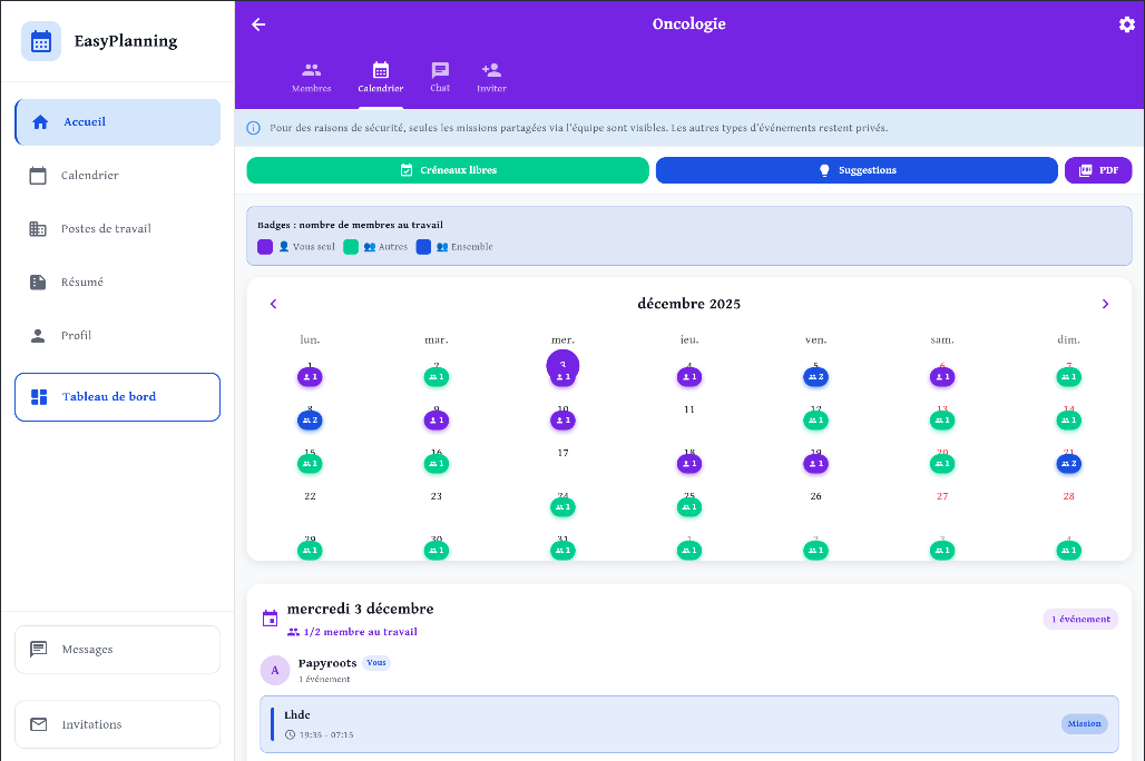 Interface de collaboration et chat d'équipe EasyPlanning sur desktop