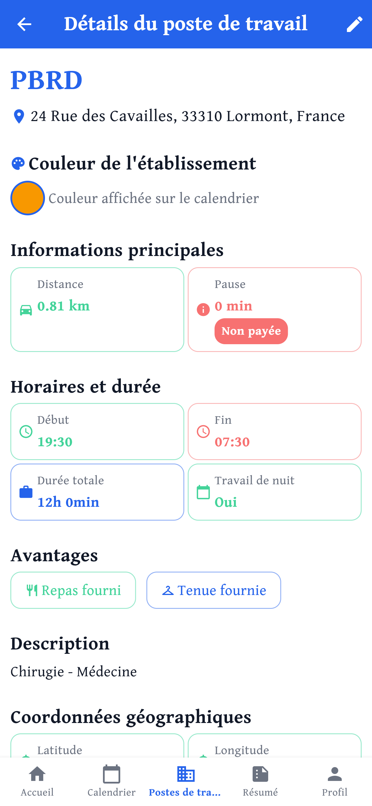 Vue détaillée d'un établissement EasyPlanning sur mobile