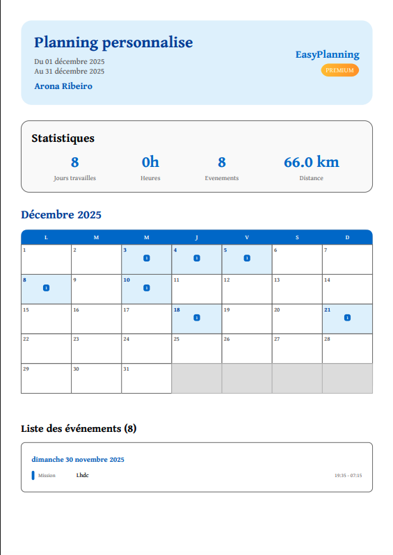 Écran d’export PDF EasyPlanning sur mobile